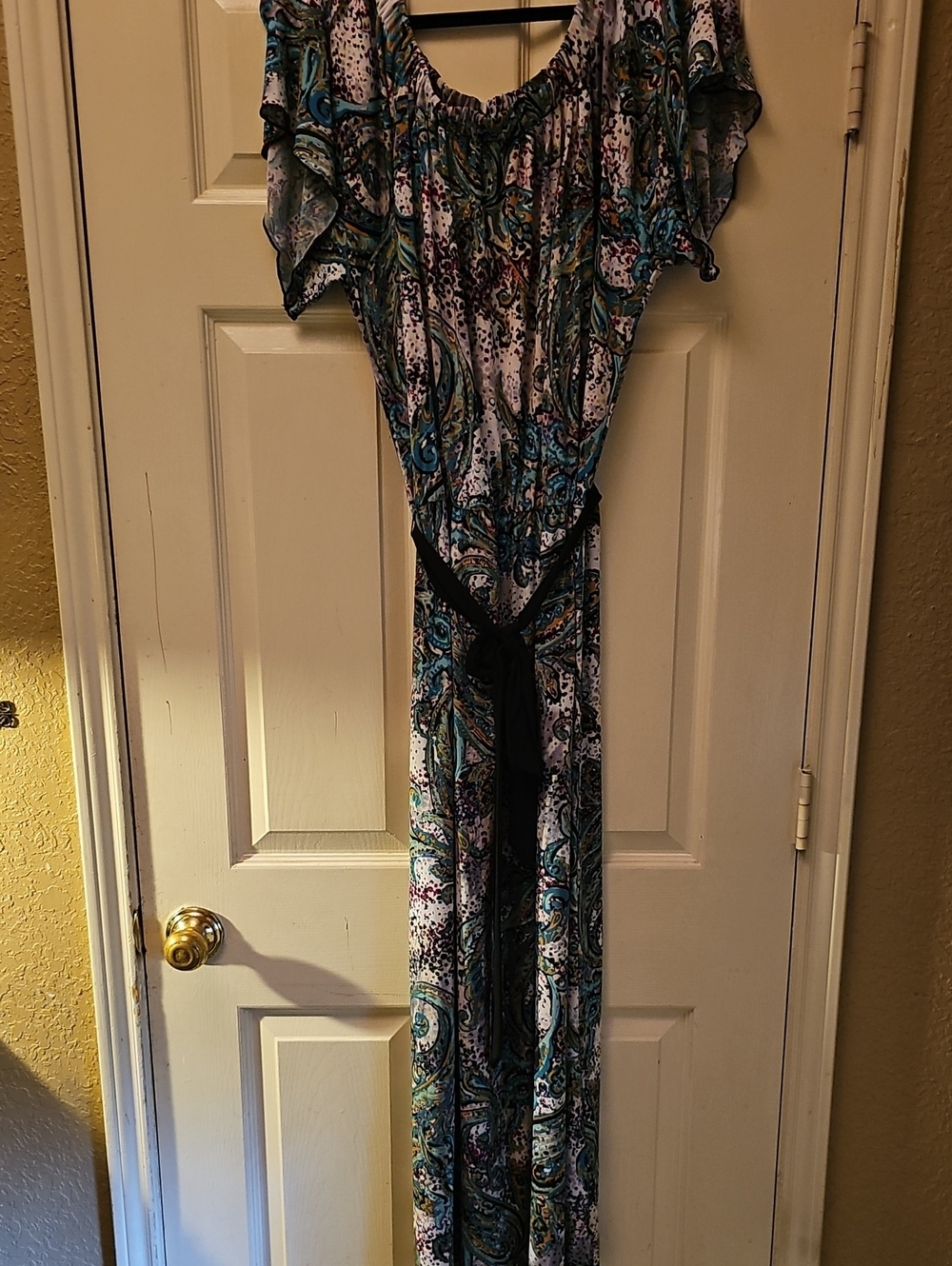 Women’s Teal Paisley Off-Shoulder Flowy Dress with Black Tie